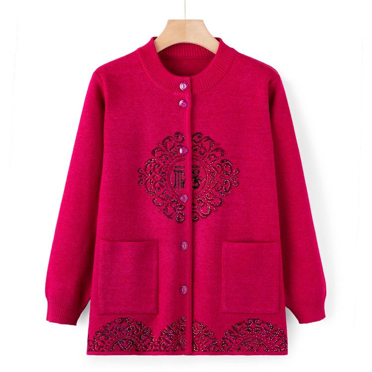 Grandma Cardigan Sweater Autumn and Winter Clothes Festive Sweater Middle-aged and Elderly Mothers Wear Autumn Coat Old Ladies New Style