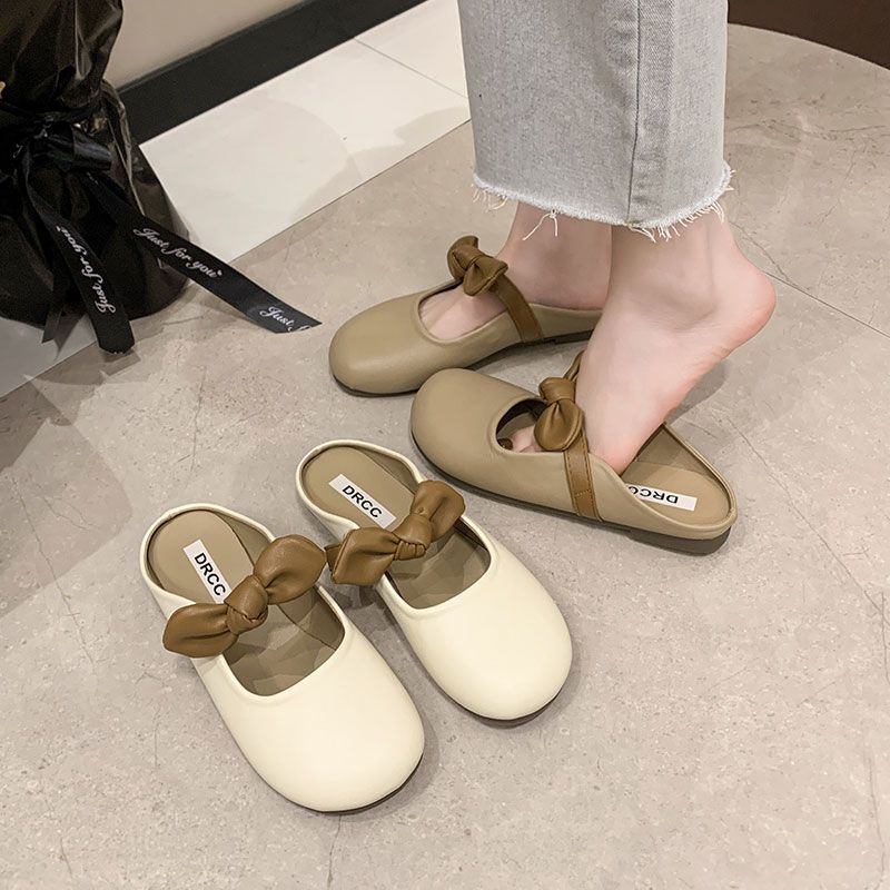 Half slippers female 2025 new spring and summer outer wear fairy style soft flat bottom bag head single shoes French bow sandals