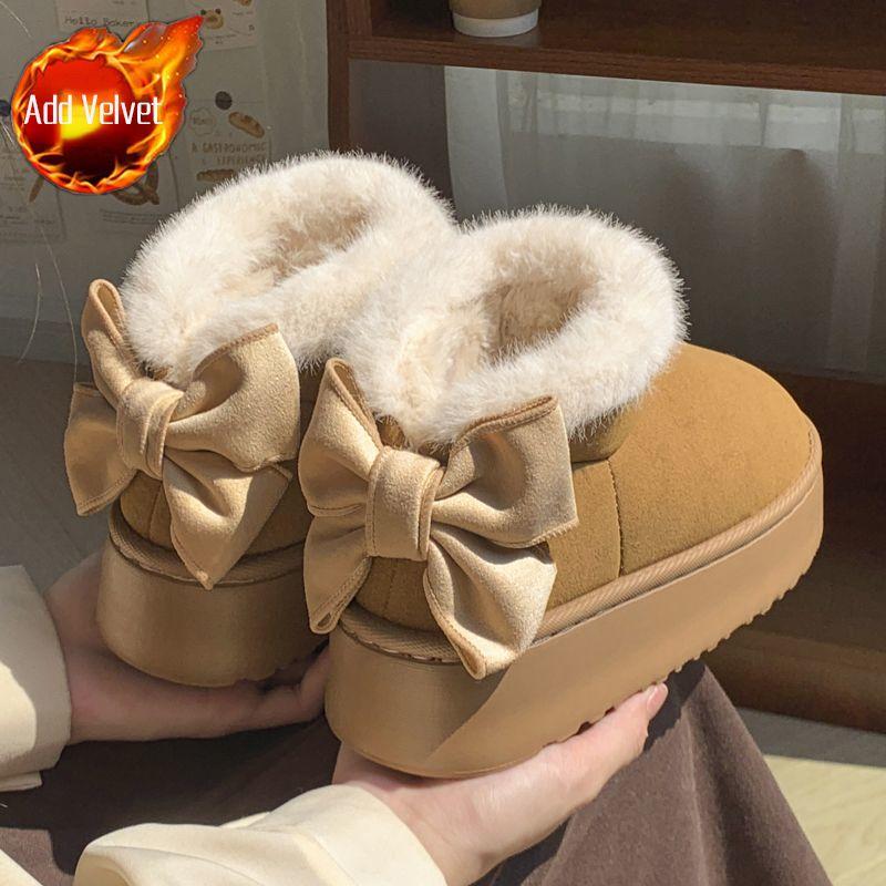 Bow Chunky Snow Boots for Women Plush Round Toe Woman Shoes Winter Kawaii Ankle 2025 Novelty Furry Trend Fashion Padded Footwear
