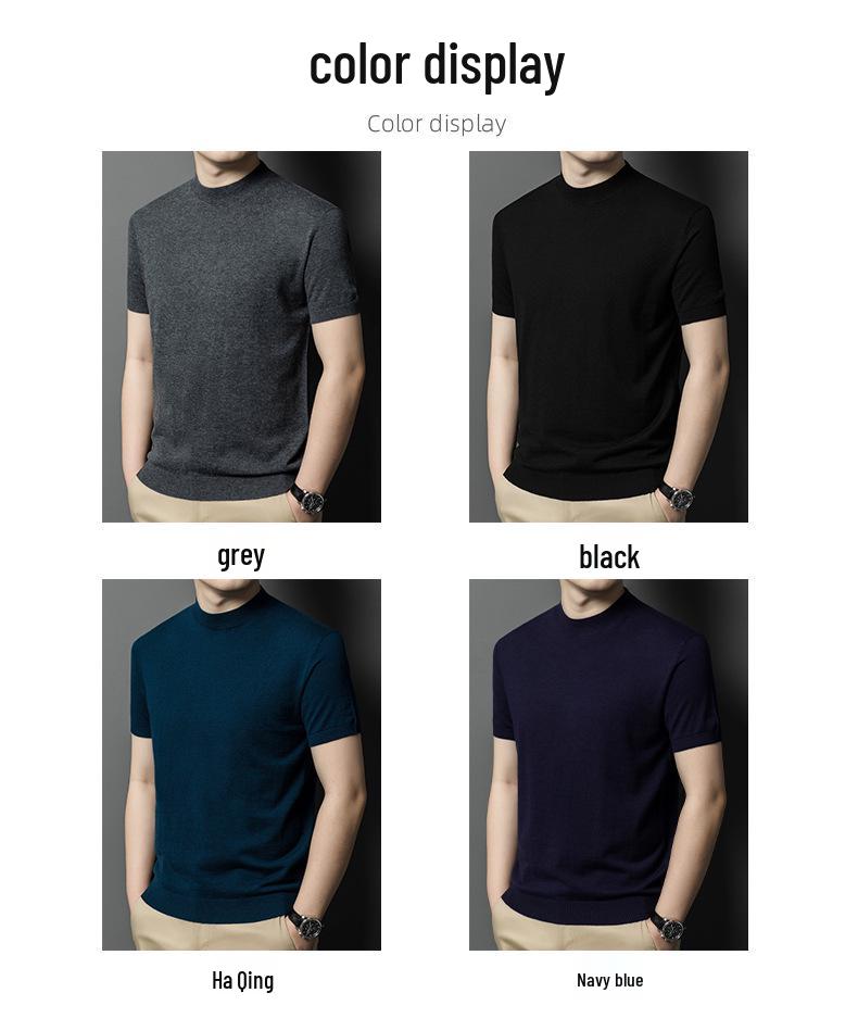 Men's Pure Wool Short-Sleeve Sweater - Lightweight, Half-High Neck Knitwear for Spring/Summer