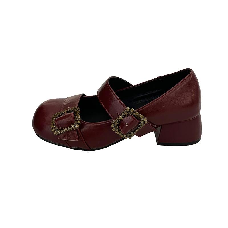 Fashion Rhinestone Metal Buckle with Square Heel Single Shoes Autumn New Round Toe Deep Mouth Non-slip Wear-resistant High Heels