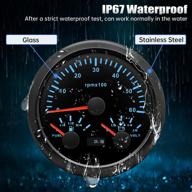 85mm Auto Car Gauge 3-in-1 Tachometer Fuel Level Voltmeter 7 Color Light Multimeter with Sensor 0-190ohm Boat/Yacht 12V