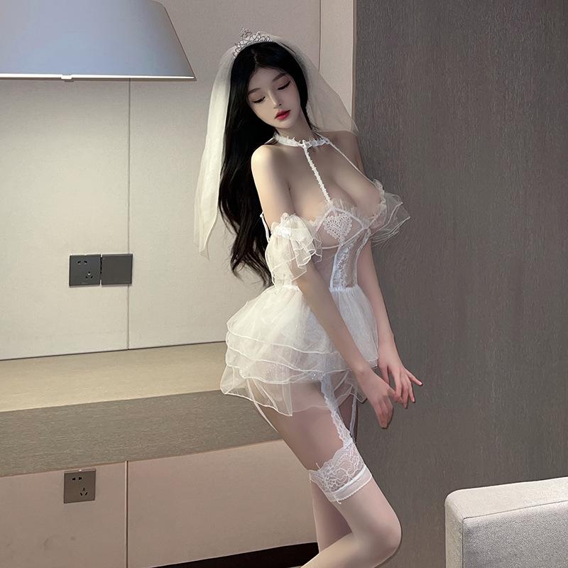 Mei Chu Lingerie: Sexy White See-Through Wedding Dress Set, Bride's Temptation.