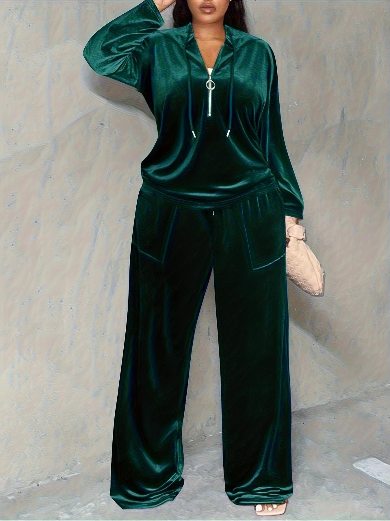 Женский спортивный повседневный свободный комплект из худи и брюк однотонный вельветовый L темно-зеленого
