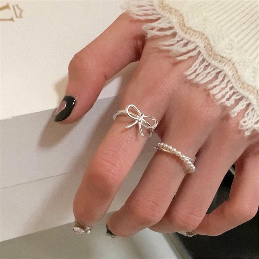 Fashionable Bowknot Opening Rings Finger Rings Beaded Finger Rings Alloy Material Stylish Finger Accessory for Women