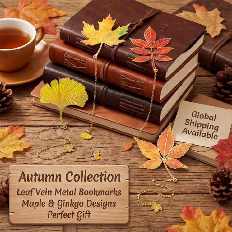 4Pcs Fall Leaves Themed Metal Bookmarks with Chain Pendant Books Page Marker Reading Aid for Book Lover Readers Writers