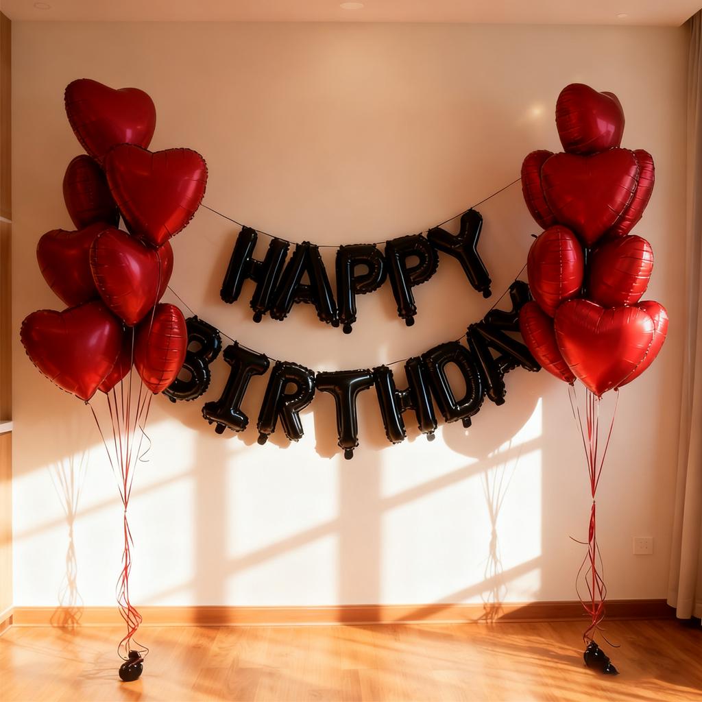 29 PcsBlack Happy Birthday Balloon Set Red Heart Balloon Bow Aluminum Film Balloon Birthday Party Decoration Photography Props