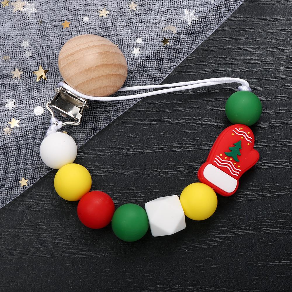 Silicone christmas Beads Pacifier Clips Wood Chew Dummy Chain Holder Infant Soother Chains Nipple Holder Baby Teething Toy Gifts
