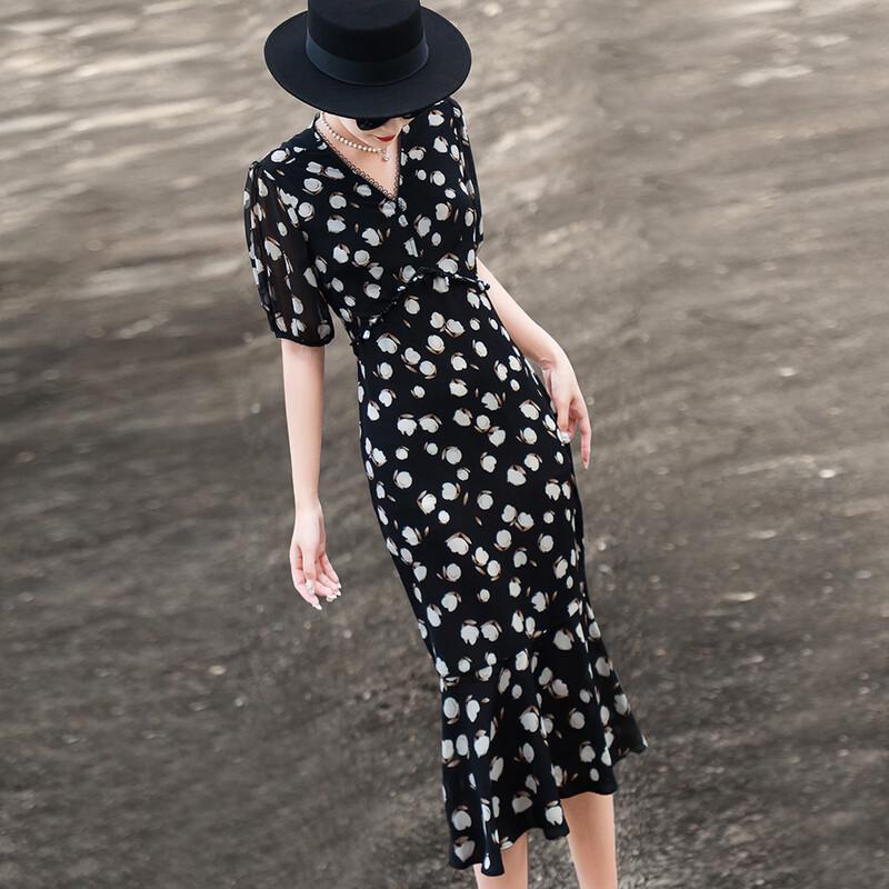 

Elegant French Print Ruffle V-Neck Dress L