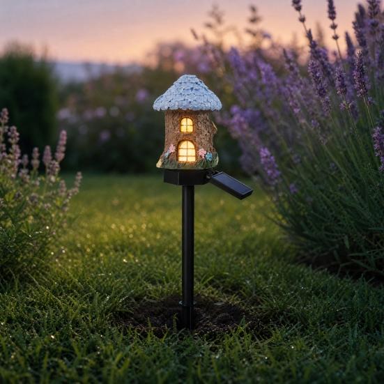 Yousheng Solar Mushroom House Light, Garden Fairy Tale Cottage Solar Light, Outdoor Waterproof Solar Lawn Light with Spike for Yard Patio