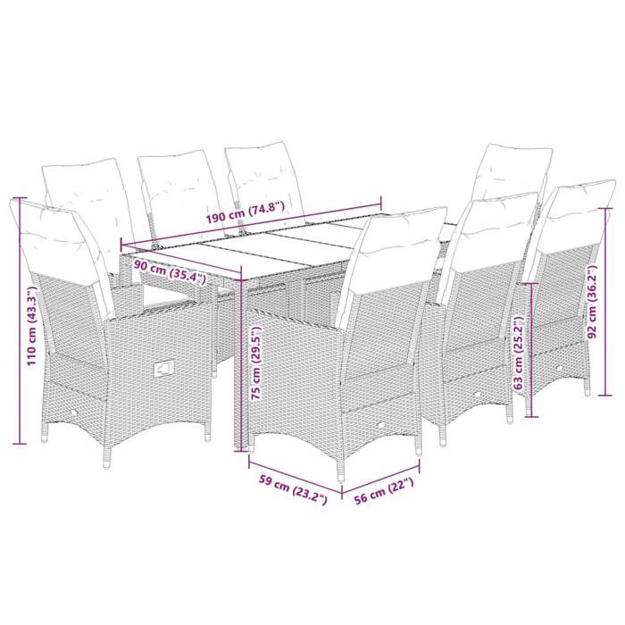 VidaXL Ensemble à manger de jardin et coussins 9 pcs beige Poly rotin, ensemble de salle à manger d'extérieur, meuble de 3276806