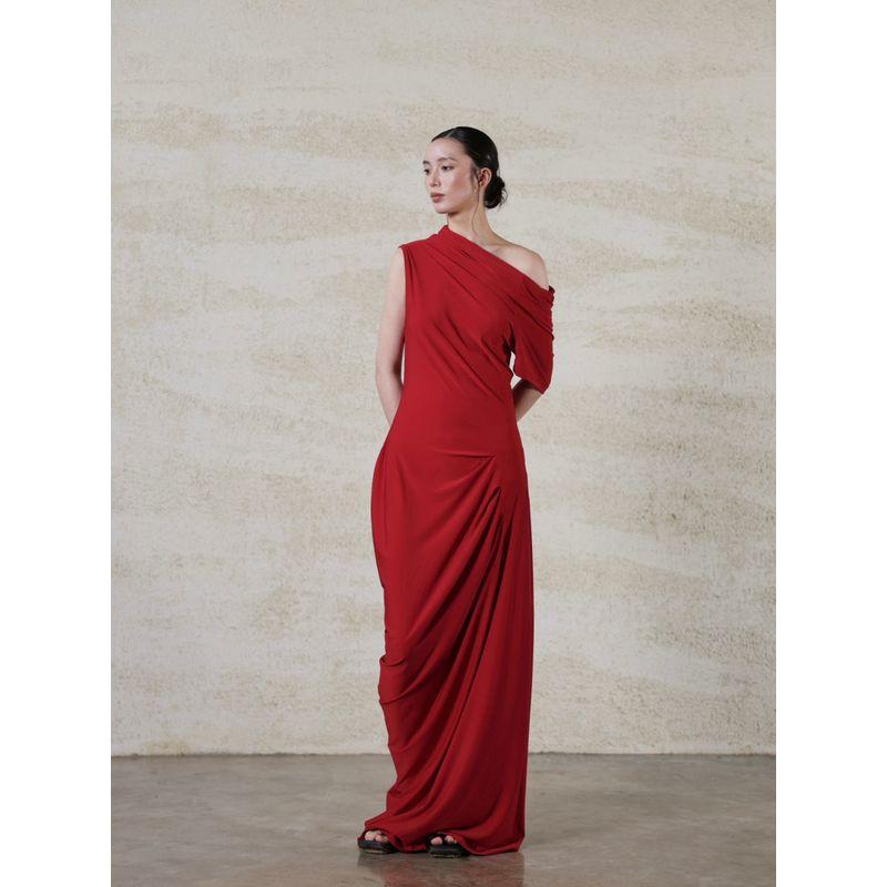 

Wuhe Clothing Red Sleeveless Sloping Shoulder Pleat Dress Red S