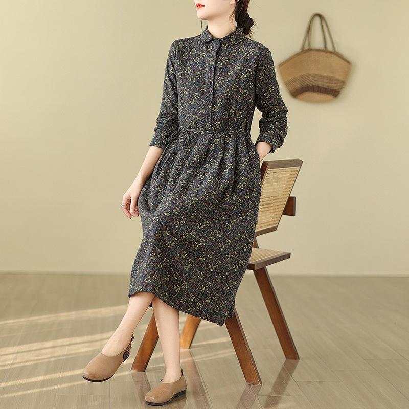 

2025 осень новый ретро полиграфический принт воротник поло мори базовая длинный рукав средней длины платье женское 2XL