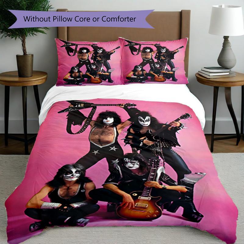 3pcs Duvet Cover Set (1*Duvet Cover + 2*Pillowcase, Without Core), Kiss Rock and Roll Print Bedding Set, Bedroom Decor, All‑Season, Birthday Gift