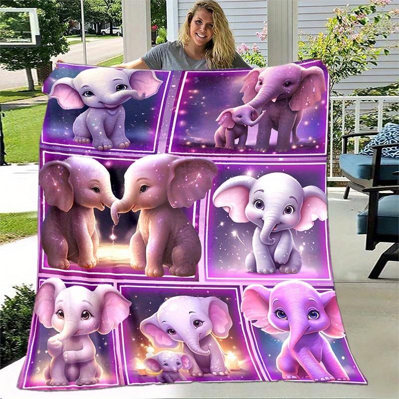 Purple Cartoon Elephant Throw Blanket, Cute Animal Blanket for Sofa Bed Travel Home Decor