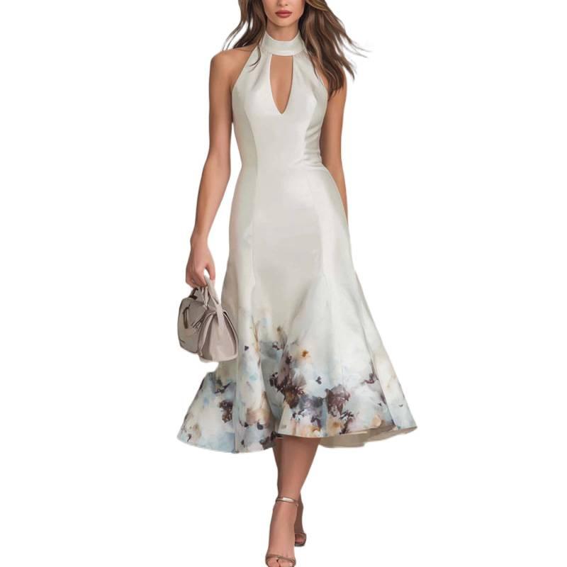 European and American digital printing elegant V-neck sleeveless casual dress women's new models