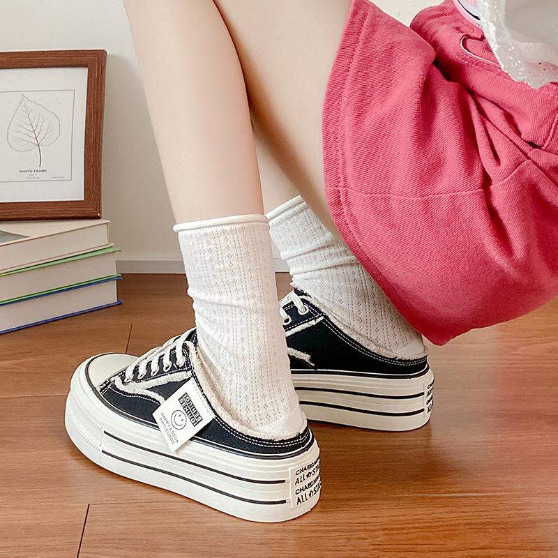 Baotou slippers women's summer wear 2025 new canvas shoes versatile students lazy half drag thick soles ins tide