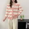 Autumn and winter v-neck striped sweater cardigan design sense casual color matching knitted jacket imitation mink soft waxy age-reducing top