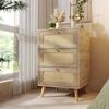 Modern Nightstand Side Table with 2 Drawers Rattan Front Oak Grain Solid Wood Legs Bedroom Small Spaces Bedside Table Natural Square Accent Table