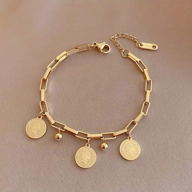 316L Stainless Steel Round Pendant Bracelet for Women Golden-Tone Adjustable Chain Link Bracelet Party Jewelry Gifts