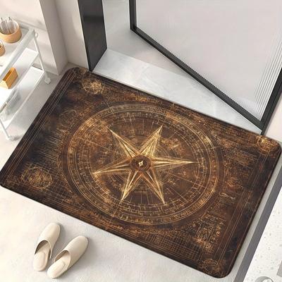 Golden Retro Compass Star Doormat Non-Slip Absorbent Microfiber Rug for Bedroom Living Room Entryway