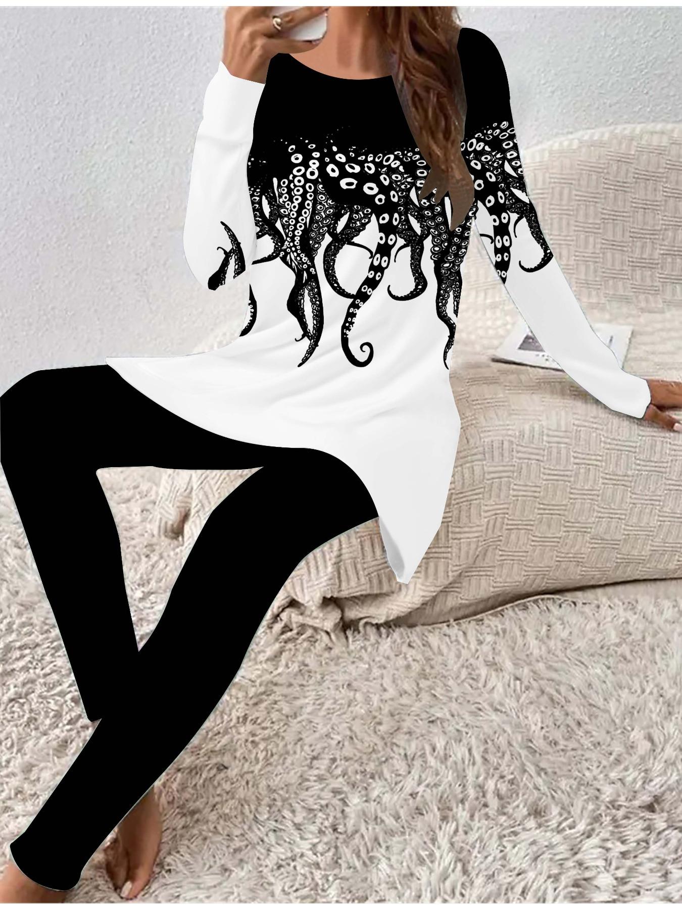 

Euro-American Fashion 3D Octopus Printed Women s Four-season Long-sleeved T-shirt + Long Pants Two-piece Set. Perfect Gift for New Year & Christmas 8XL білий