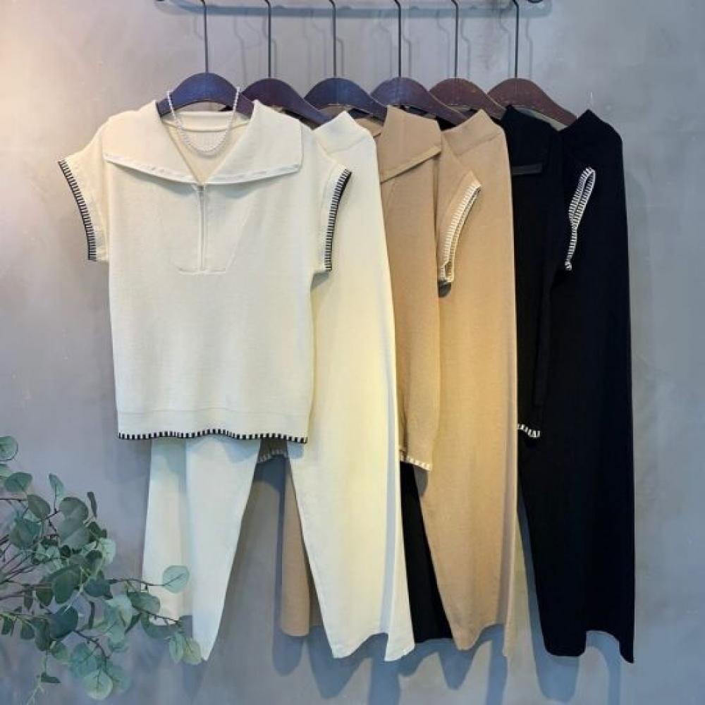 C S In The Room Cano End StitCh Cap Sleeve Zip Knit Wide pantS Set 3 ColorS