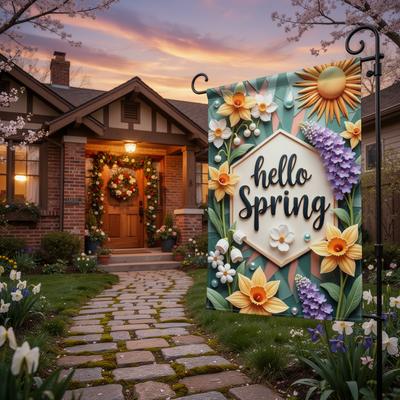 Bandera de Jardín Hola Primavera 12x18 Pulgadas Doble Cara Flores Amarillas Sol Bienvenida Bandera de Patio Decoración Estacional para Exterior Hogar Jardín
