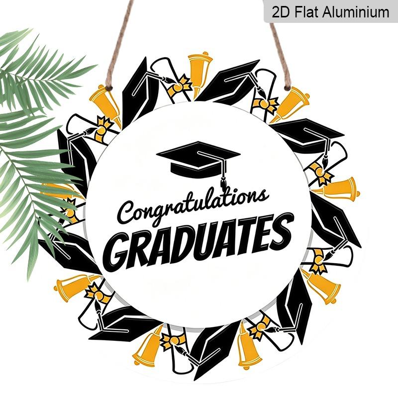2D Flat Aluminum Graduation-themed Wall Hanging, Available in Various Sizes, with A Preppy Black, White, and Gold Color Scheme. Ideal for Home Décor