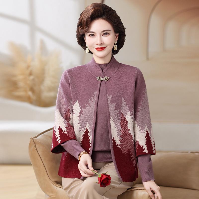 Mom’s Chinese Style Knit Cardigan Set for Autumn & Winter - Elegant Fashion for Middle-Aged and Elderly Women