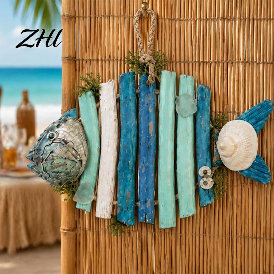 Retro Blue Wall Art Lighted Wooden Fish Hanging Decor, Rustic Nautical Fishing Wood Sculpture with LED Lights, Coastal Home Decorations Beach