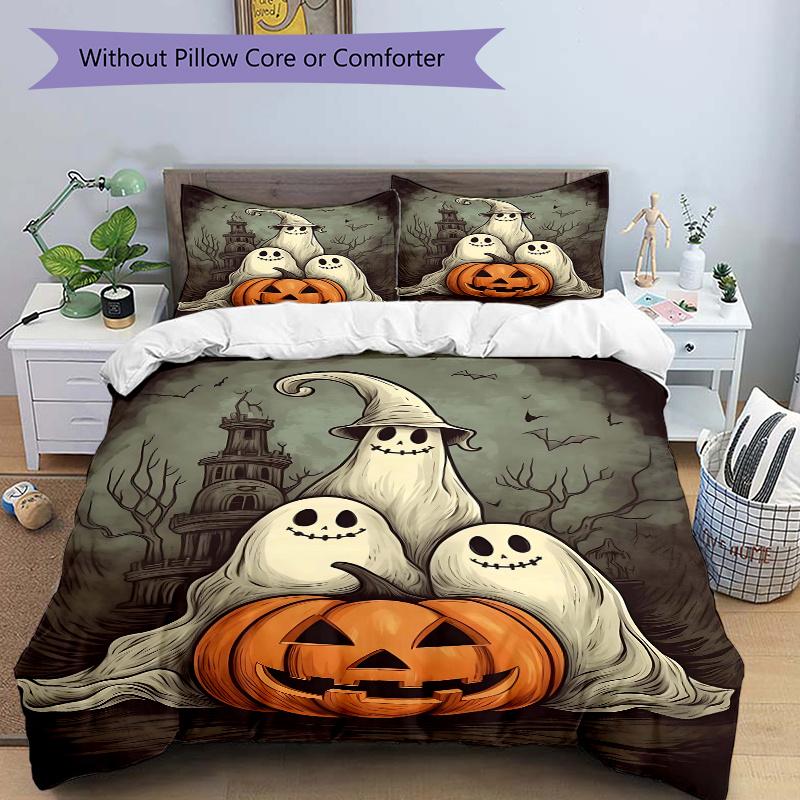 

3 шт. Комплект постельного белья с принтом Призрак с тыквой (1 Пододеяльник + 2 Наволочки, Без Наполнителей), Этот постельный комплект с принтом мягкий и удобный 135cm*200cm