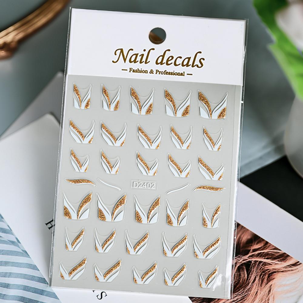 1pcs Gold Glitter French Design Nail Stickers White Silver Curve Lines Stripe Wave Nail Decals Slider Reflective Manicure Wraps