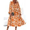Bohemia European American Summer New Fashion V Neck Leaves Print Horn Long Sleeves Mid Length Long Length Dress Dress