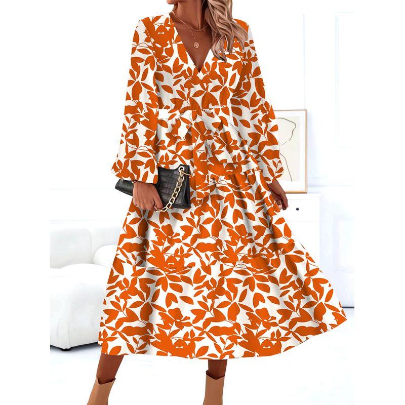 Bohemia European American Summer New Fashion V Neck Leaves Print Horn Long Sleeves Mid Length Long Length Dress Dress