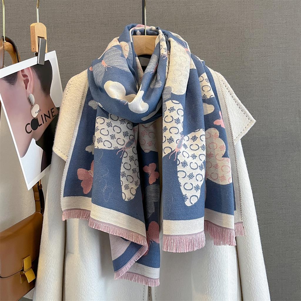 185*65cm Tassel Scarf Autumn/Winter Warm Scarf Women's Butterfly Print Imitation Cashmere Thick Shawl Warps Coldproof Blanket