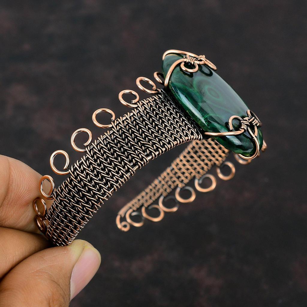 Malachite Cuff Bracelet Copper Wire Wrapped Adjustable Bangle Handmade Jewelry Gemstone Cuff Bracelet Copper Wire Wrap Jewelry Gift For Her