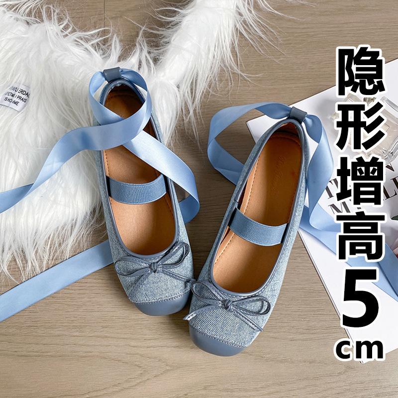Small man inner height increase Mary Jane single shoes women's retro grandma shoes 33 small size with ribbon two wear ballet shoes women