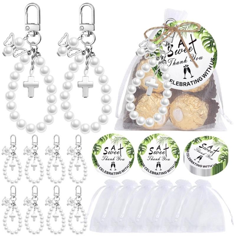 20Sets Crosses Keychain Favors With Thank You Label Organza Packaging Bulk Gift Set with Rope For Baby Showers Parties