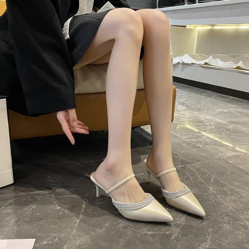 Fashion niche champagne rhinestone high heels women's spring stiletto silk sexy bridal wedding shoes bag head sandals