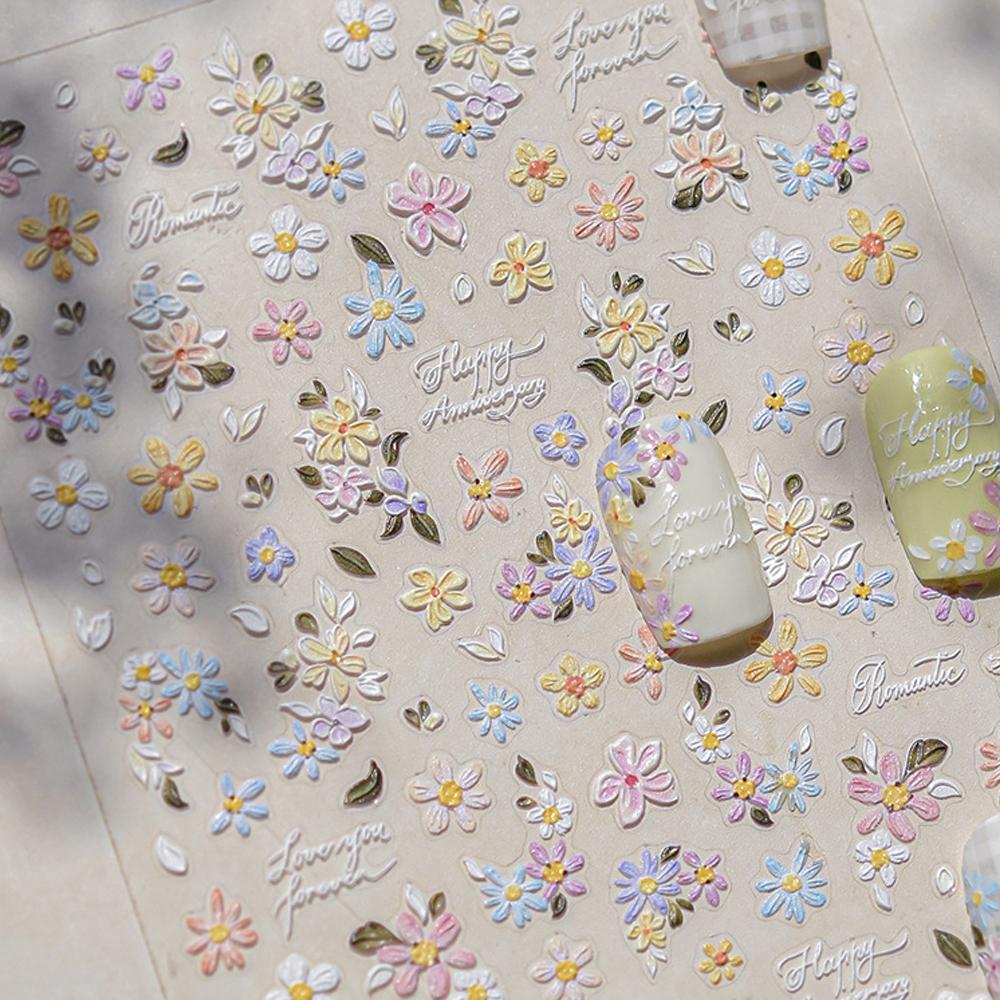 Charming Petal Flower Colorful Wildflowers Daisy Leaves 5D Relief Self Adhesive Nail Art Sticker Decoration Manicure Decal DIY