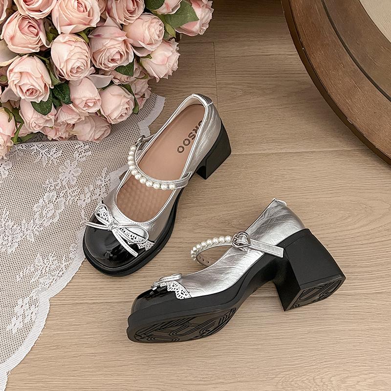 

Женские туфли Мэри Джейн на толстой платформе и каблуке, модные туфли для платья с бантом-бабочкой, женские кожаные туфли-лодочки для улицы 35 серебряный