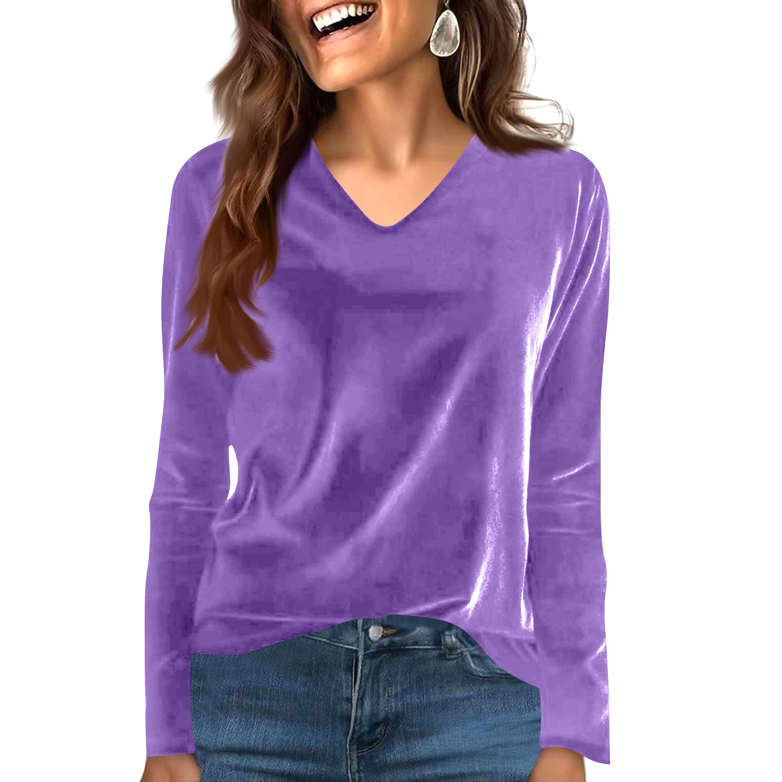 

Жіноча мода Повсякденний велюровий однотонний топ з V-подібним вирізом та довгими рукавами M