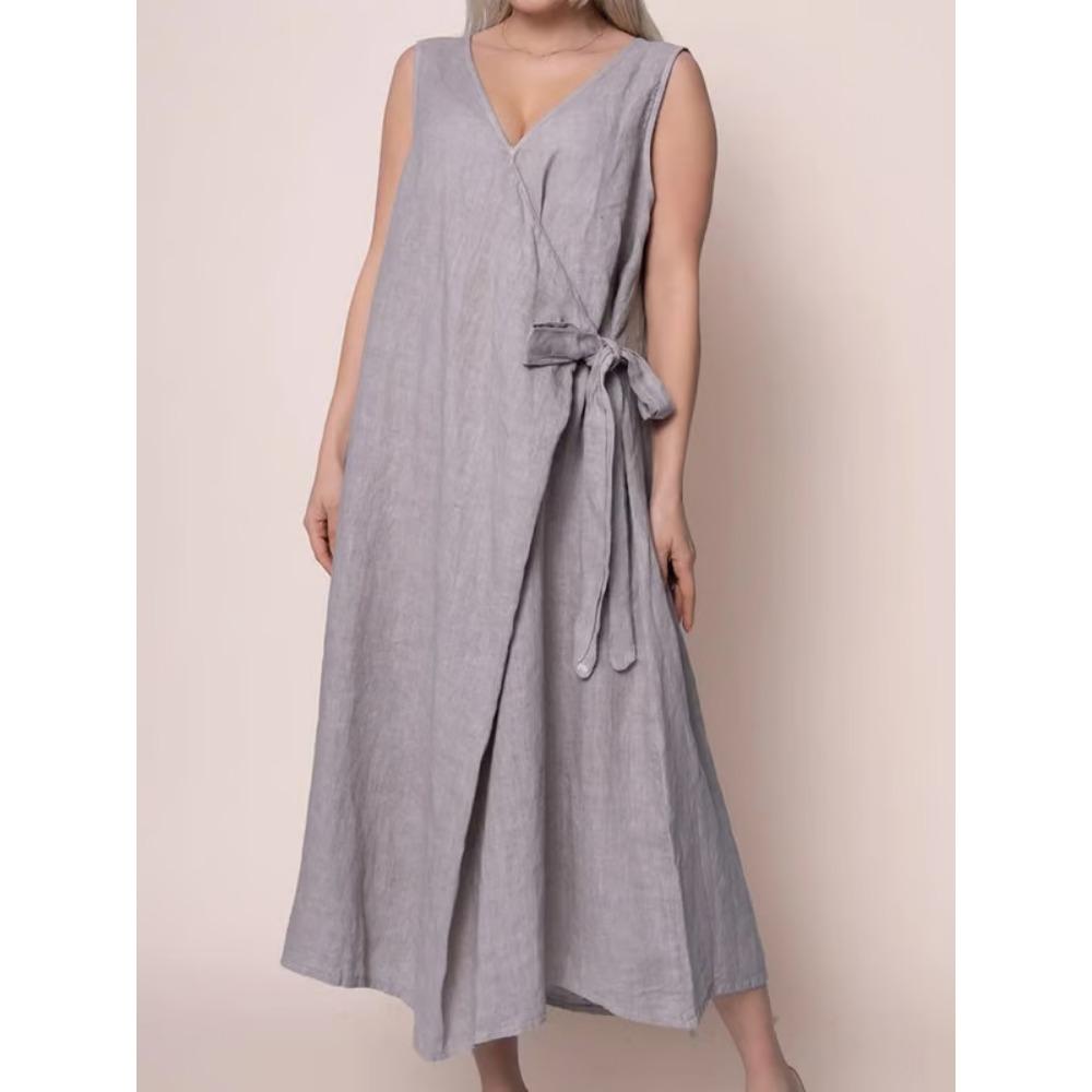New Solid-color V-neck Side-tied Sleeveless Long Dress for Women
