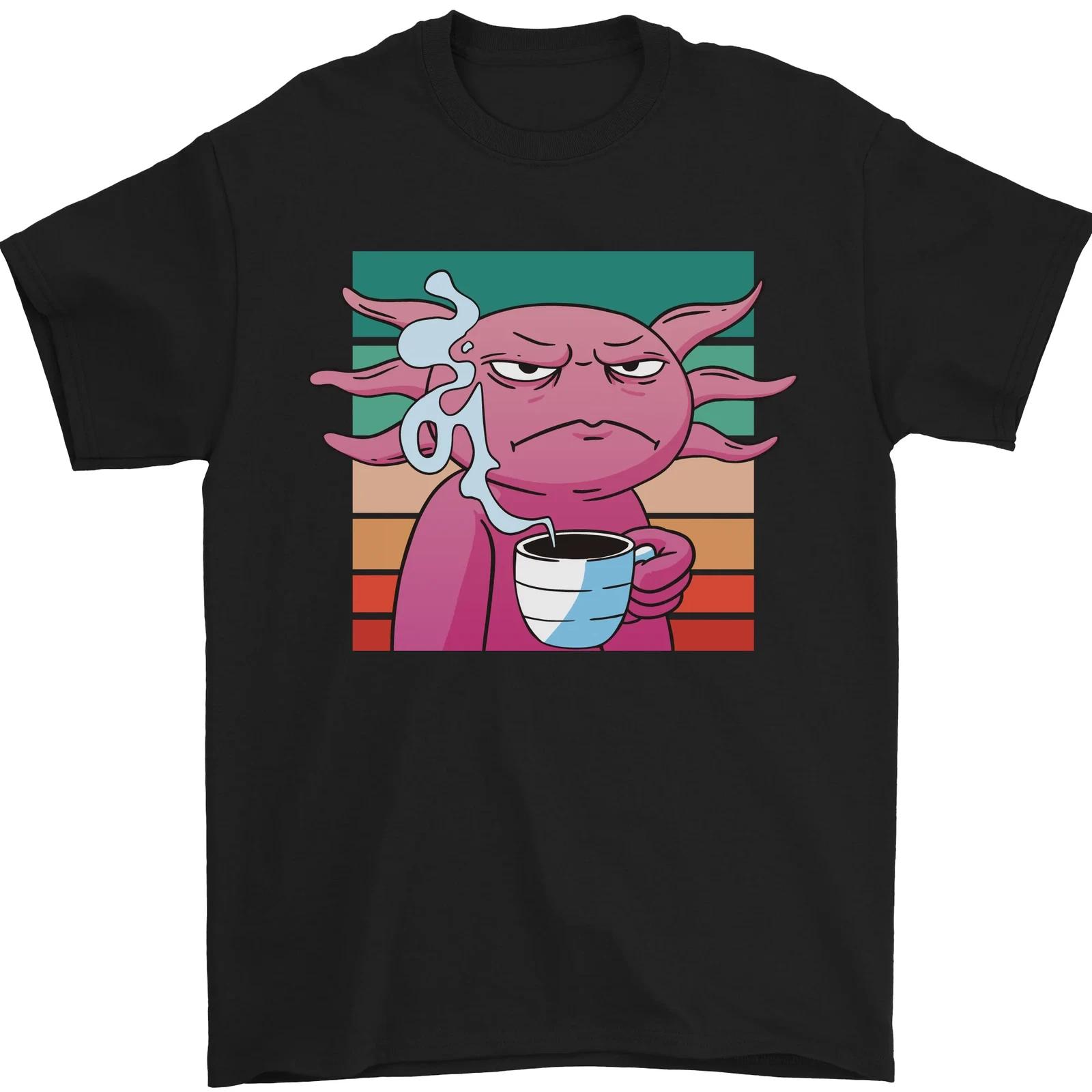 Grumpy Axolotl With Coffee Mens T-Shirt 100% Cotton S