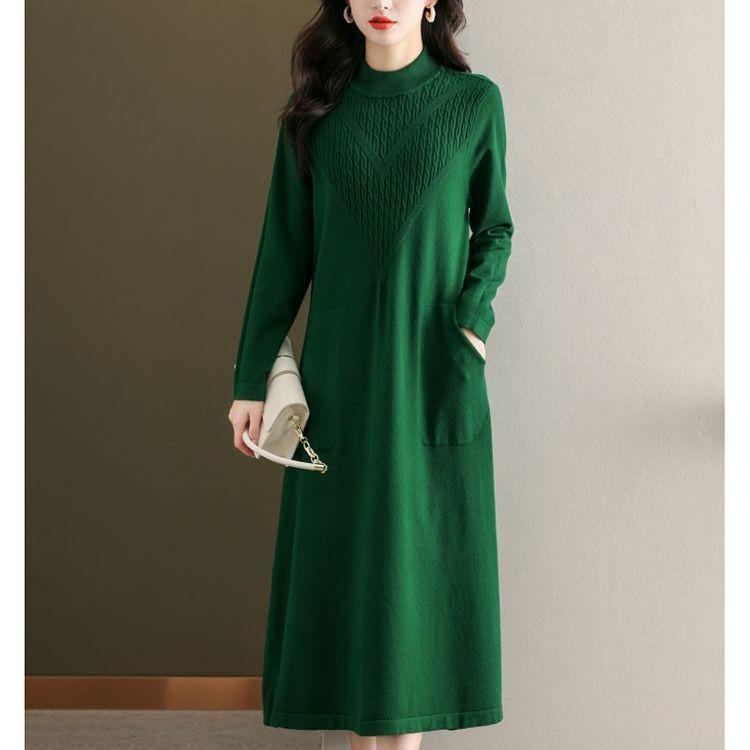 Half Turtleneck Sweater Dress Solid Color Loose Knee-length Long Knitted Sweater for Women Large-sized Knitted Dress for Autumn and Winter