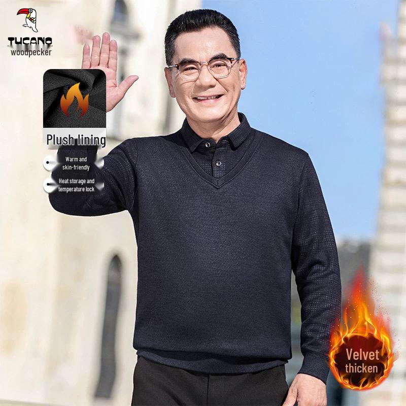 

Woodpecker Red Faux Two-Piece Knitted Sweater for Middle-Aged Men - Plus Velvet Thickened Winter Clothing L 115-135 lbs
