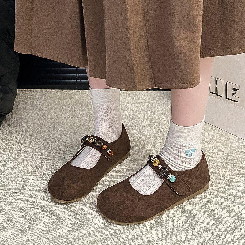 New Flat Birkenstocks Mary Jane Retro Skirt Women'S Velcro Single Shoes Autumn Beads