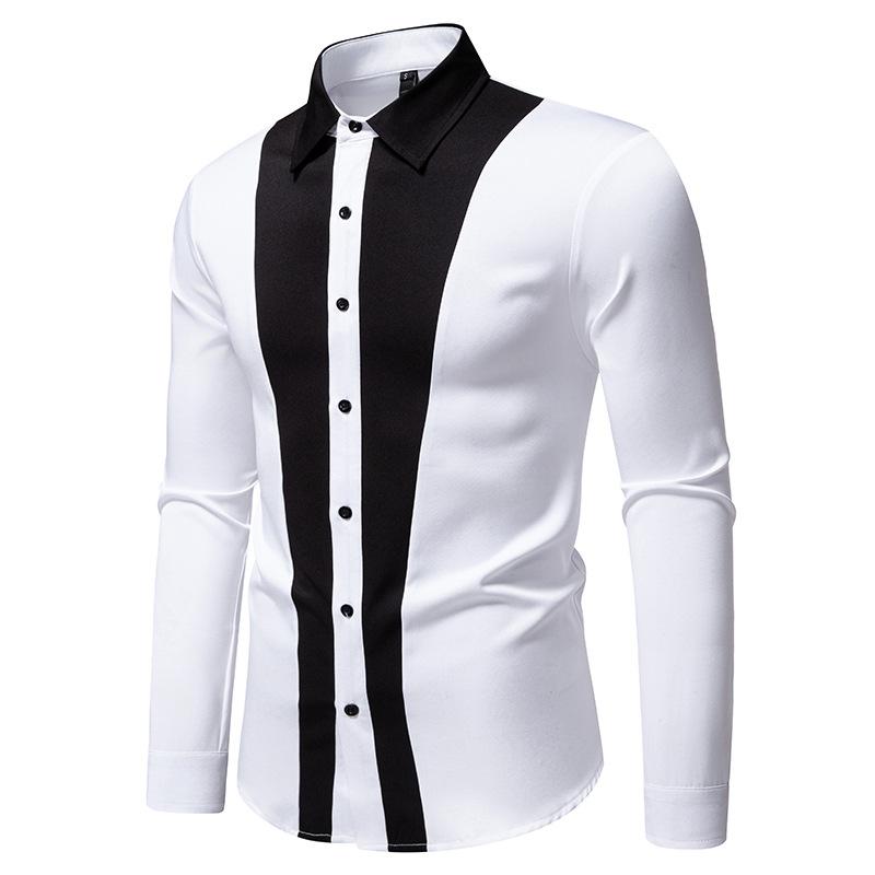 Camisa Social Masculina com Painel de Contraste Manga Longa Casual Formal Top para Homens Primavera Outono Multicolorido Moda Masculina Blusa