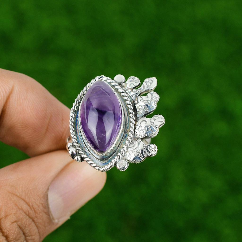 Gift For Her Natural African Amethyst Promise Adjustable Ring 925 Silver